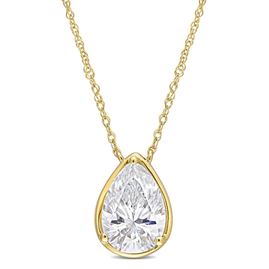 2 CT DEW Created Moissanite Teardrop Pendant With Chain 10k Yellow Gold