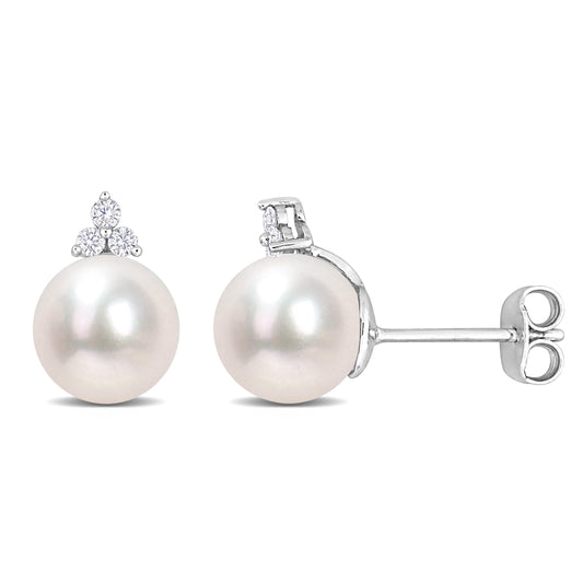 1/8 CT Diamond TW 8 - 8.5 MM White Freshwater Cultured Pearl Fashion Post Earrings Silver I3