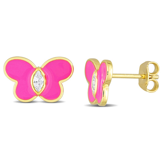 1/4 ct TGW Created white sapphire and Pink enamel Butterfly fashion post earrings yellow silver yellow plated