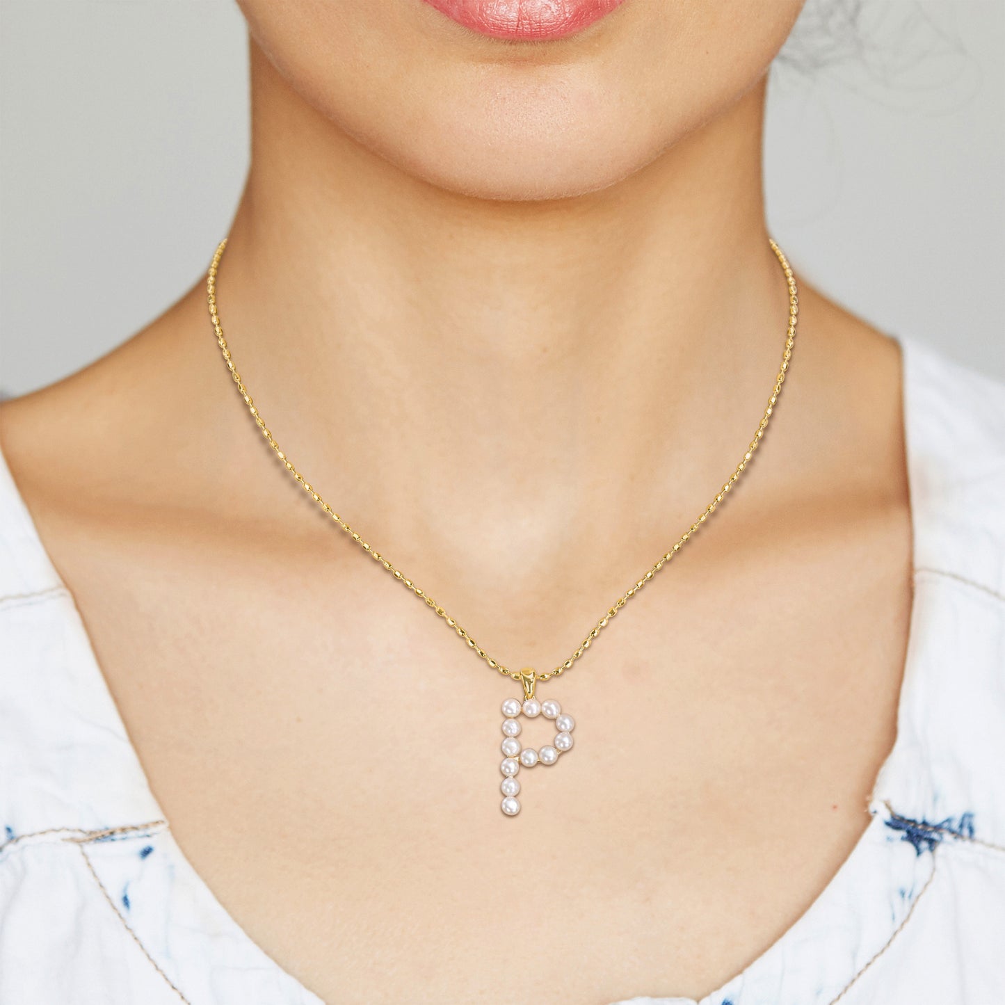 3.5 - 4 MM White Freshwater Cultured Pearl "initial" Pendant Yellow Silver with chain