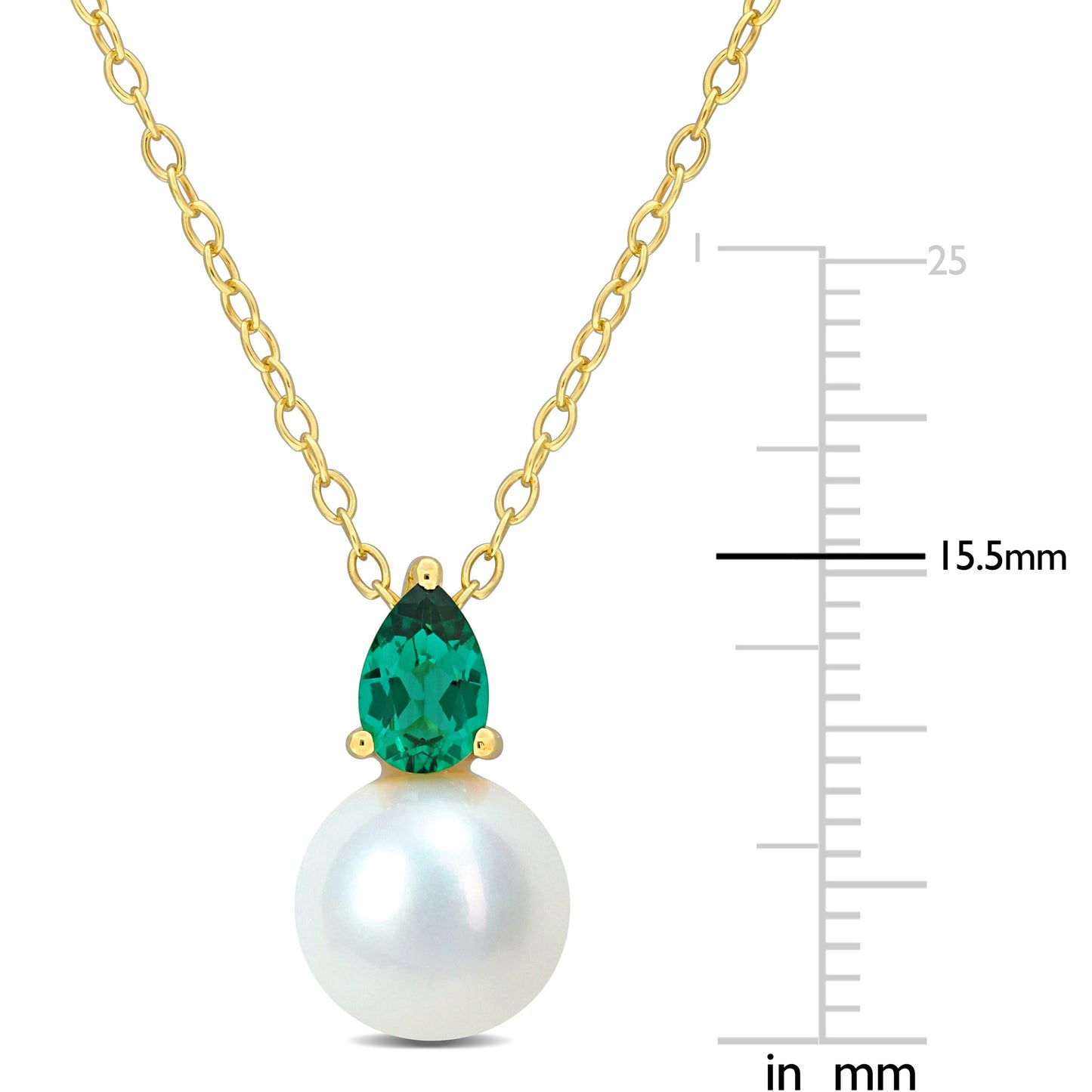 3/8 CT TGW Created Emerald And 8.5 - 9 MM White Freshwater Cultured Pearl Fashion Pendant With Chain Yellow Silver