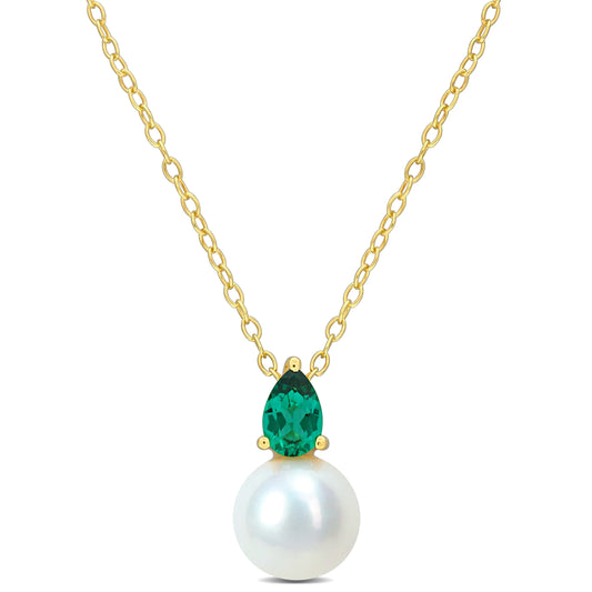 3/8 CT TGW Created Emerald And 8.5 - 9 MM White Freshwater Cultured Pearl Fashion Pendant With Chain Yellow Silver