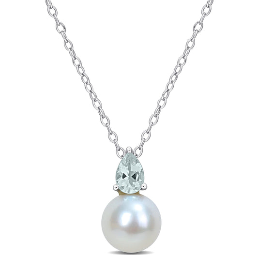 3/8 CT TGW Aquamarine And 8.5 - 9 MM White Freshwater Cultured Pearl Fashion Pendant With Chain Silver