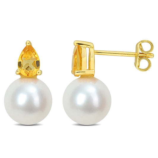 3/4 CT TGW Citrine And 8.5 - 9 MM White Freshwater Cultured Pearl Fashion Post Earrings Yellow Silver