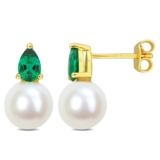 Freshwater Cultured Pearl & Created Emerald Stud Earrings