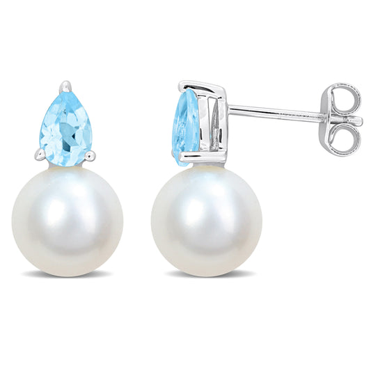 7/8 CT TGW Blue Topaz - Sky And 8.5 - 9 MM White Freshwater Cultured Pearl Fashion Post Earrings Silver