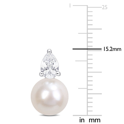 1 1/3 CT TGW Created White Sapphire And 8.5 - 9 MM White Freshwater Cultured Pearl Fashion Post Earrings Silver