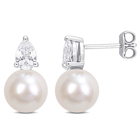 1 1/3 CT TGW Created White Sapphire And 8.5 - 9 MM White Freshwater Cultured Pearl Fashion Post Earrings Silver