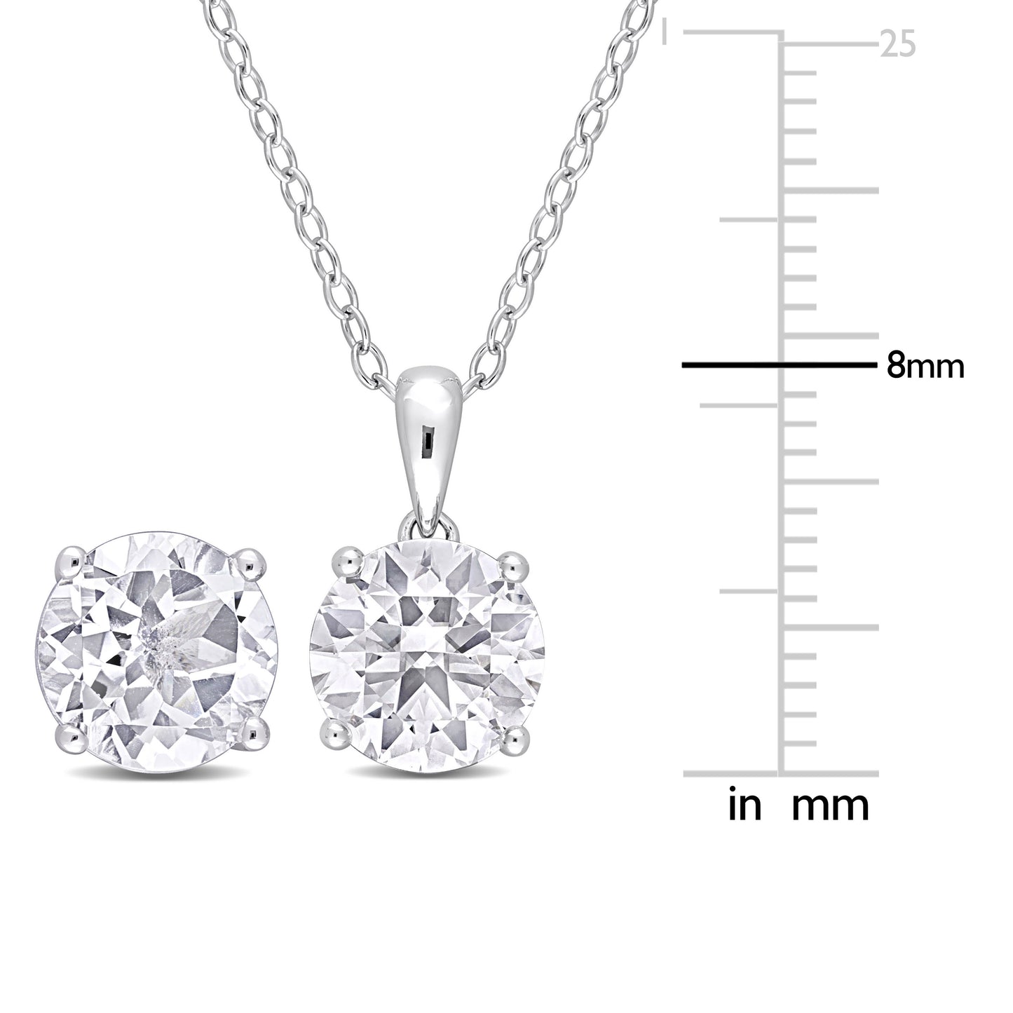 Round Solitaire White Topaz Pendant and Studs Set