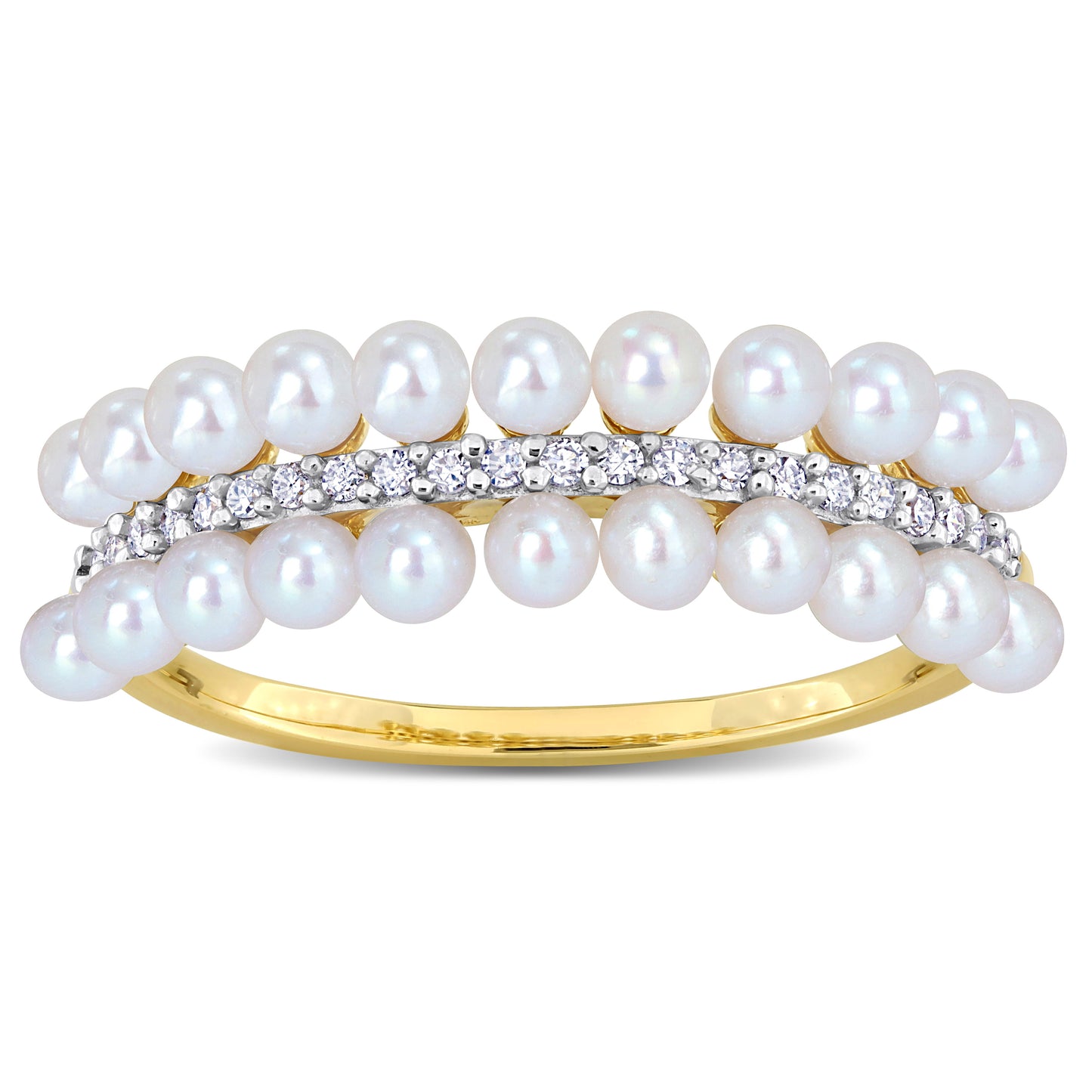 1/10 CT Diamond TW 2-2.5 MM White Freshwater Cultured Pearl Fashion Ring 14k Yellow Gold GH I1;I2