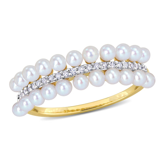 1/10 CT Diamond TW 2-2.5 MM White Freshwater Cultured Pearl Fashion Ring 14k Yellow Gold GH I1;I2