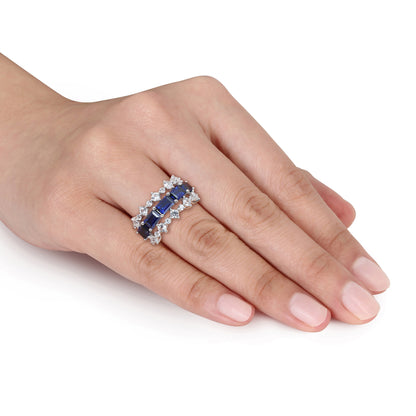 Blue and White Sapphire Three Row Ring