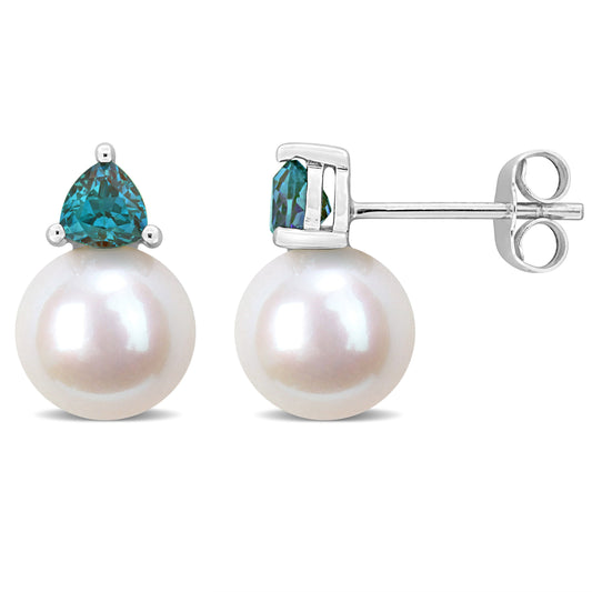 3/5 CT TGW Created Alexandrite And 8 - 8.5 MM White Freshwater Cultured Pearl Fashion Post Earrings 10k White Gold