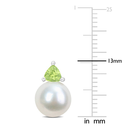 3/5 CT TGW Peridot And 8 - 8.5 MM White Freshwater Cultured Pearl Fashion Post Earrings 10k White Gold