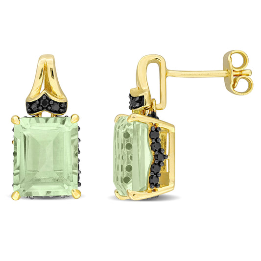 6 4/5 ct TGW Green quartz- black sapphire fashion earrings yellow silver black rhodium plated
