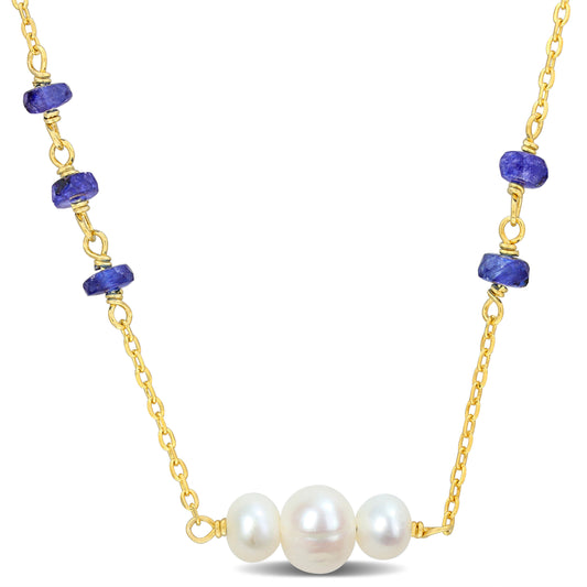 Silver Yellow 2.5CT TGW 3.5MM Blue Sapphire Facetted Bead And 4 - 6.5 mm White Freshwater Cultured Necklace w/ Lobster Clasp 17+2extention