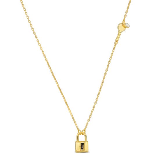 KIDS/TEENS Silver Yellow Lock and Key Necklace & White enamel on diamond Cut cable Chain w/lobster clasp Length (inches): 16+2 ext.