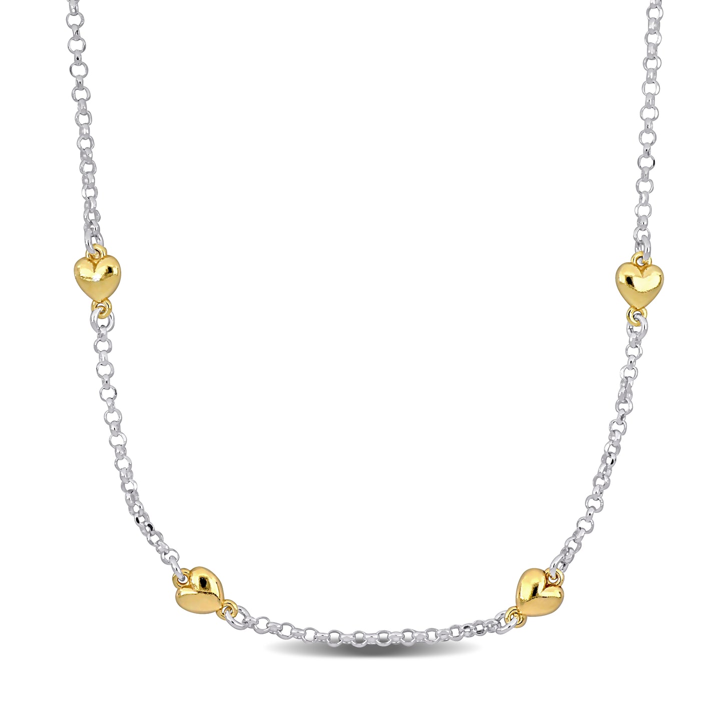 KIDS/TEENS Silver White and Yellow 4 Heart Charm station Necklace on diamond Cut Rolo Chain w/lobster Clasp Length (inches): 16.5+1 ext.