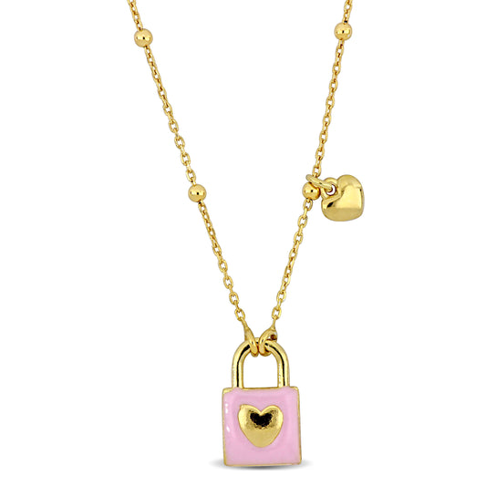KIDS/TEENS Silver Yellow pink enamel Lock and Heart Charm Necklace On Diamond Cut Cable Ball Bead Chain w/lobster clasp Length (inches): 16.5+1 ext.