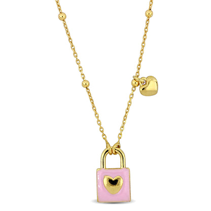 KIDS/TEENS Silver Yellow pink enamel Lock and Heart Charm Necklace On Diamond Cut Cable Ball Bead Chain w/lobster clasp Length (inches): 16.5+1 ext.