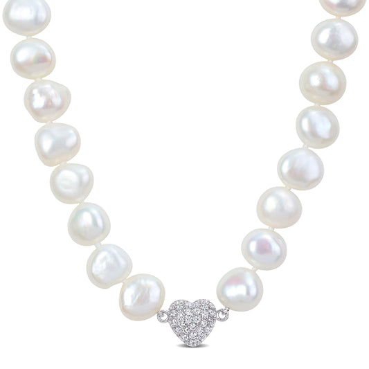11- 12 mm Freshwater Cultured Pearl Necklace SILVER CZ HEART MAGNETIC Clasp Length (inches): 18