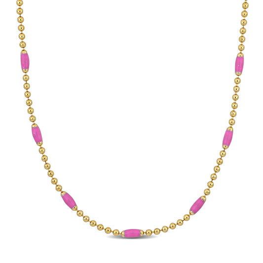 KIDS/TEEN Silver Yellow 1.5mm Ball Link Necklace w/ Pink enamel and Lobster Clasp Length (inches): 15+2 ext.