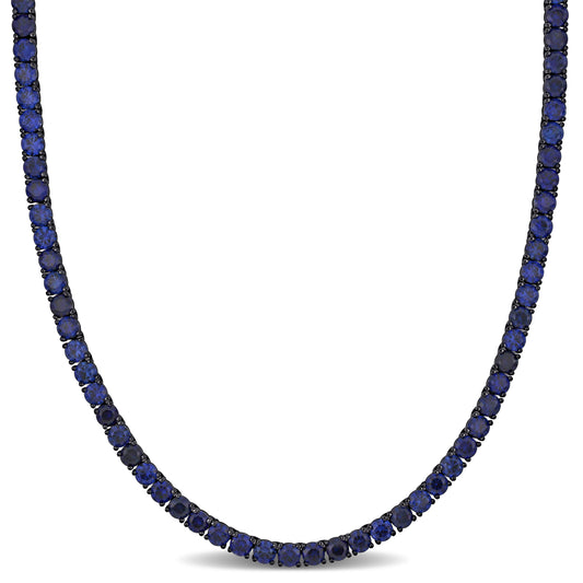 Mens 40 ct TGW 4mm round created blue sapphire necklace w/ box clasp silver white black rhodium plated length (inches): 20