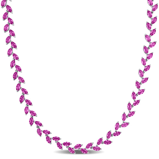 29 1/2 CT TGW Created Pink Sapphire Necklace w/ Box Clasp Silver White Length (inches): 17