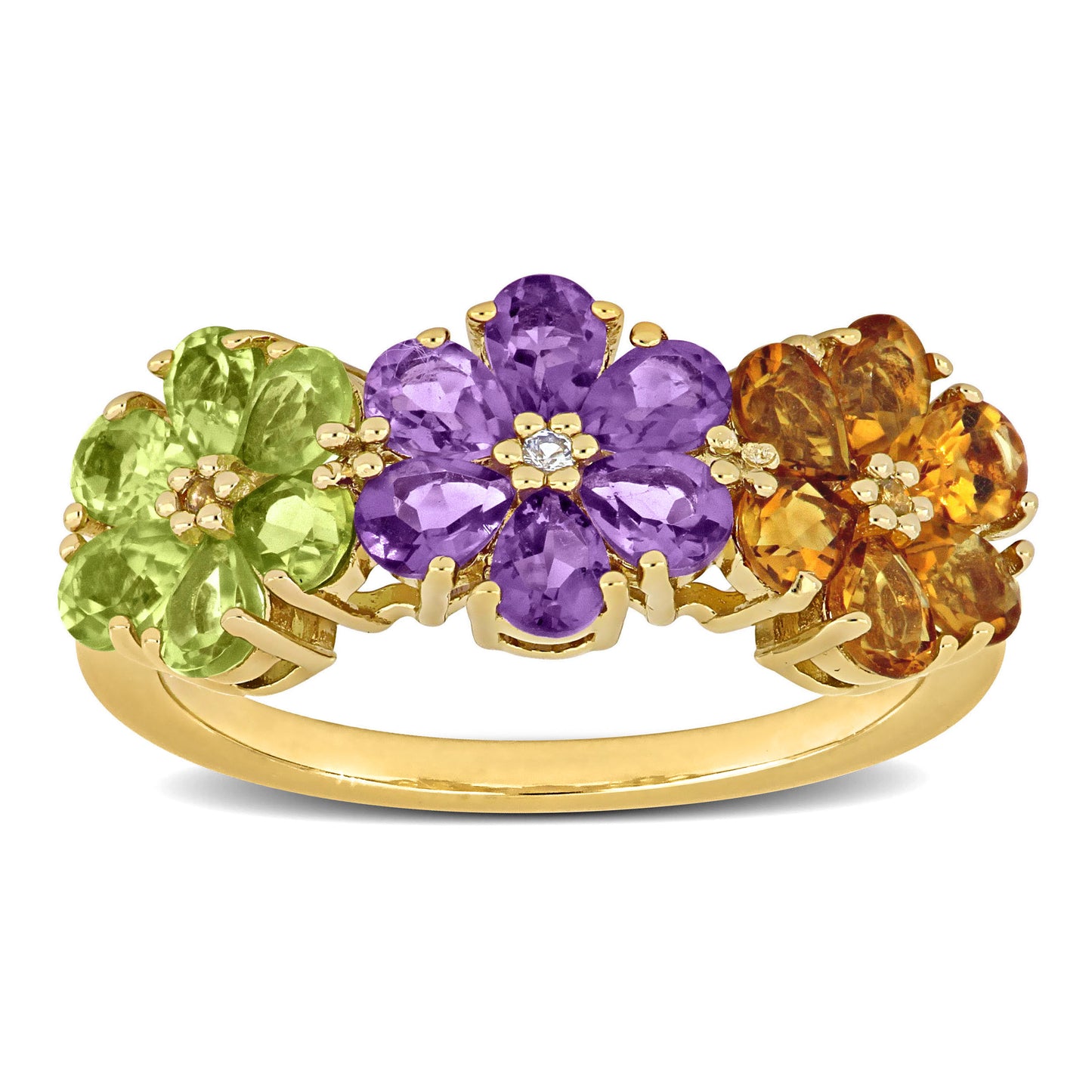 SILVER YELLOW 3 FLOWER DESIGN 2 3/4 CT TGW Amethyst Citrine Peridot & White Topaz Fashion Ring