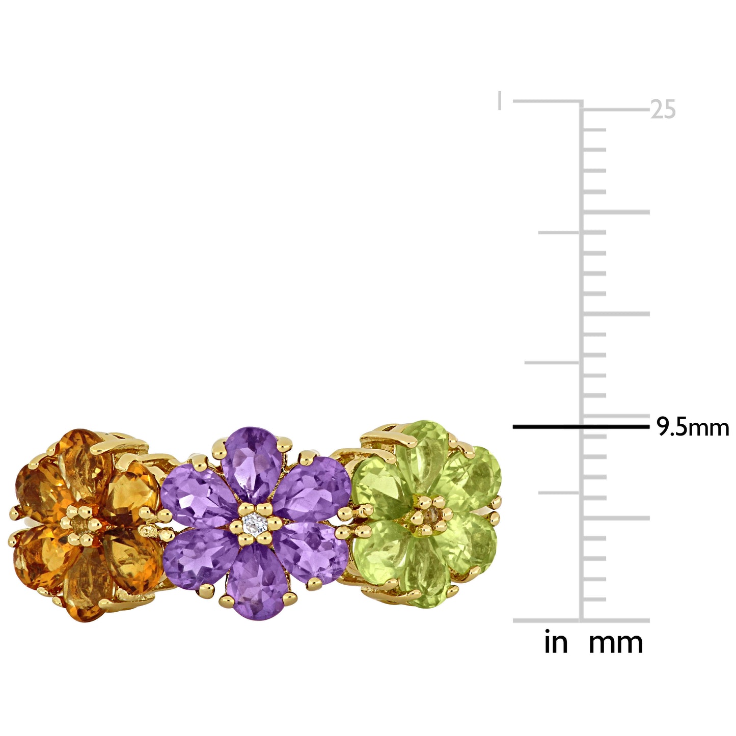 SILVER YELLOW 3 FLOWER DESIGN 2 3/4 CT TGW Amethyst Citrine Peridot & White Topaz Fashion Ring
