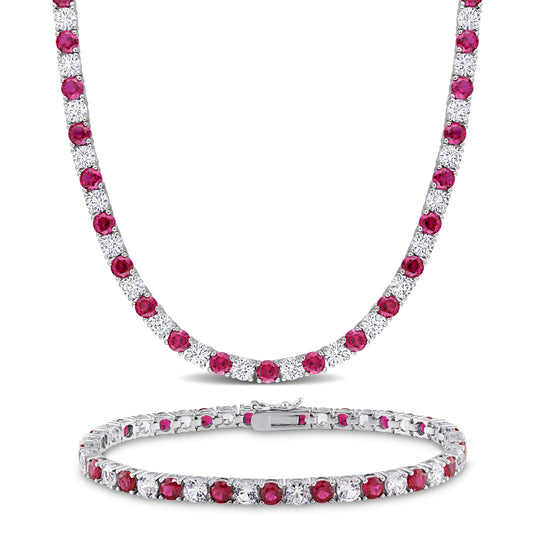 47 1/2 ct TGW Created ruby and white sapphire bracelet & necklace silver white tongue and groove clasp length (inches): 7.25-17