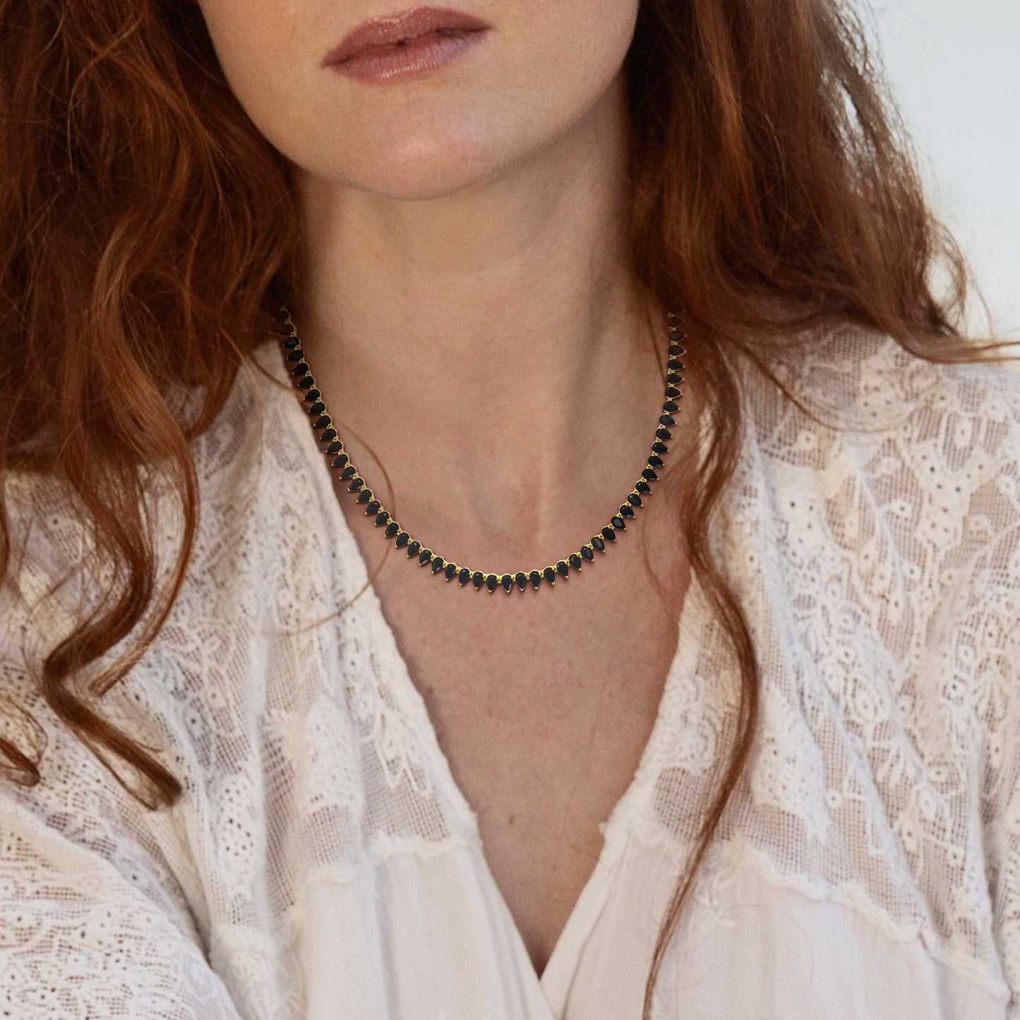 Black Pear Cut Spinel Tennis Necklace In Yellow Silver