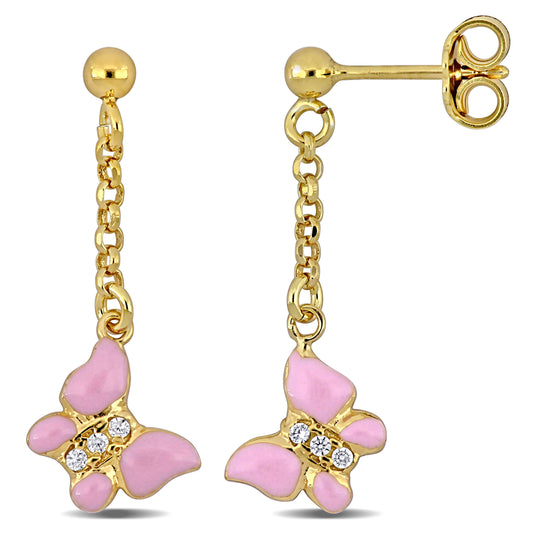 Kids Cubic Zirconia Pink Enamel Butterfly Drop Earrings In Yellow Plated Sterling Silver