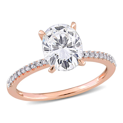 2ct Dew created white moissanite and 1/10ct tw diamond oval solitaire engagement ring in 14k gold