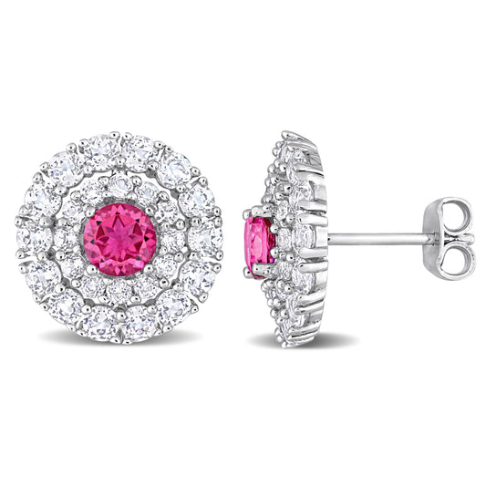 Pink and White Topaz Double Halo Stud Earrings