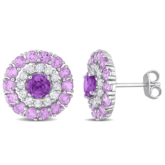 Double Halo Stud Earring With Amethyst-Africa Amethyst and White Topaz