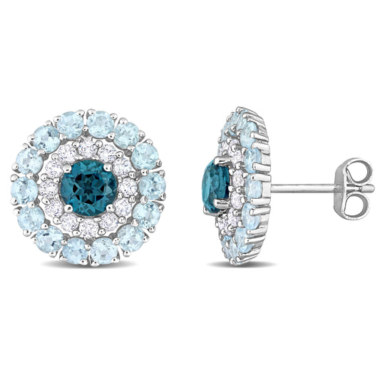 Blue and White Topaz Double Halo Earrings