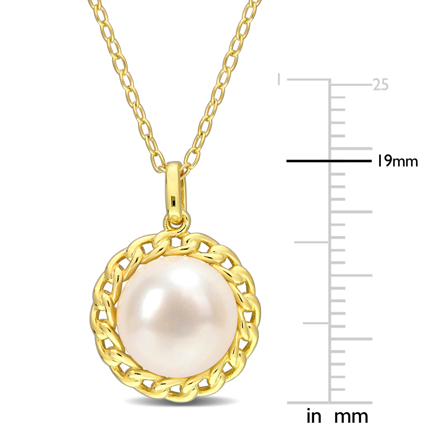 9-9.5mm Cultured Freshwater Pearl Halo Link Pendant With Chain In Yellow Plated Sterling Silver