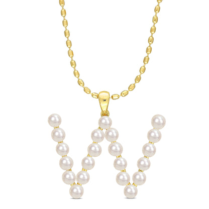 3.5 - 4 MM White Freshwater Cultured Pearl "initial" Pendant Yellow Silver with chain