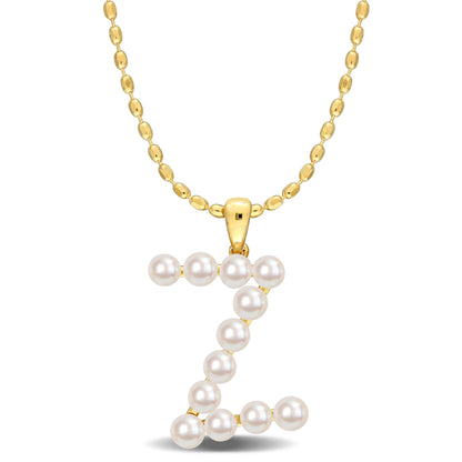 3.5 - 4 MM White Freshwater Cultured Pearl "initial" Pendant Yellow Silver with chain