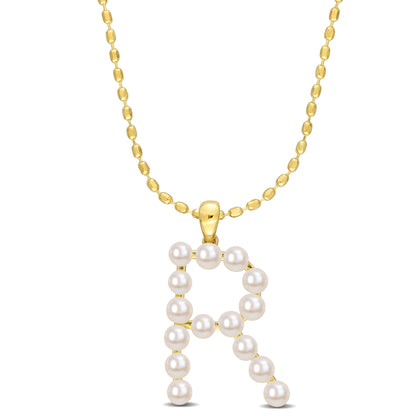 3.5 - 4 MM White Freshwater Cultured Pearl "initial" Pendant Yellow Silver with chain
