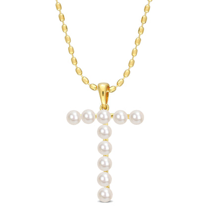 3.5 - 4 MM White Freshwater Cultured Pearl "initial" Pendant Yellow Silver with chain