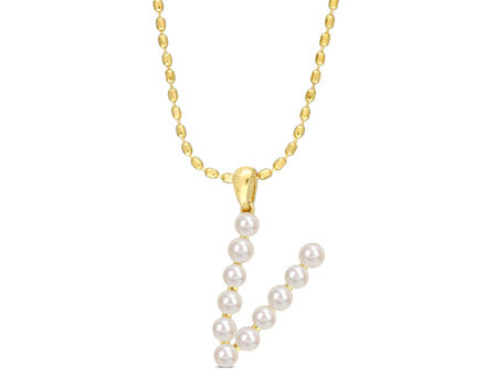 3.5 - 4 MM White Freshwater Cultured Pearl "initial" Pendant Yellow Silver with chain