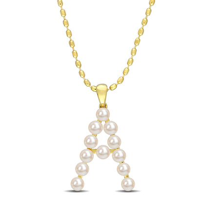 3.5 - 4 MM White Freshwater Cultured Pearl "initial" Pendant Yellow Silver with chain