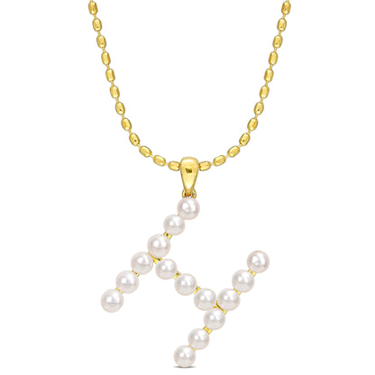 3.5 - 4 MM White Freshwater Cultured Pearl "initial" Pendant Yellow Silver with chain