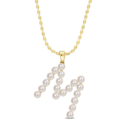 3.5 - 4 MM White Freshwater Cultured Pearl "initial" Pendant Yellow Silver with chain