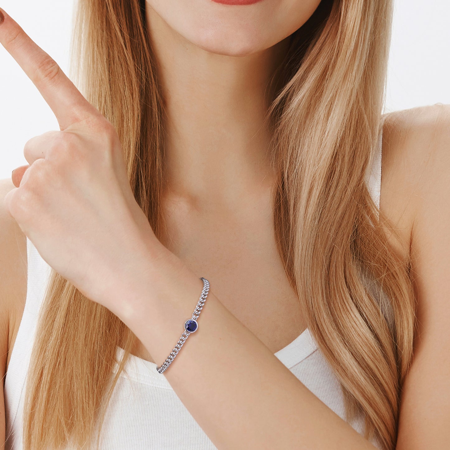 Created Blue Sapphire Round Bezel Setting Bracelet