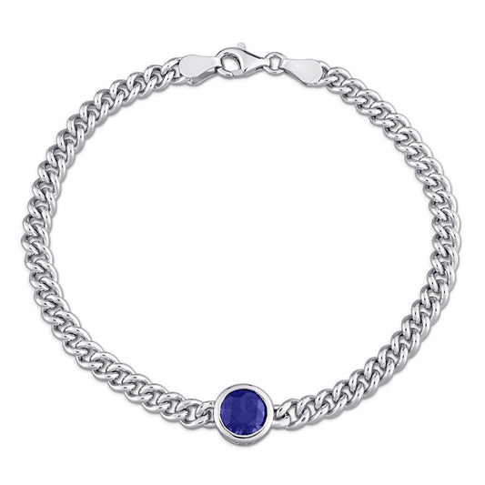 Created Blue Sapphire Round Bezel Setting Bracelet