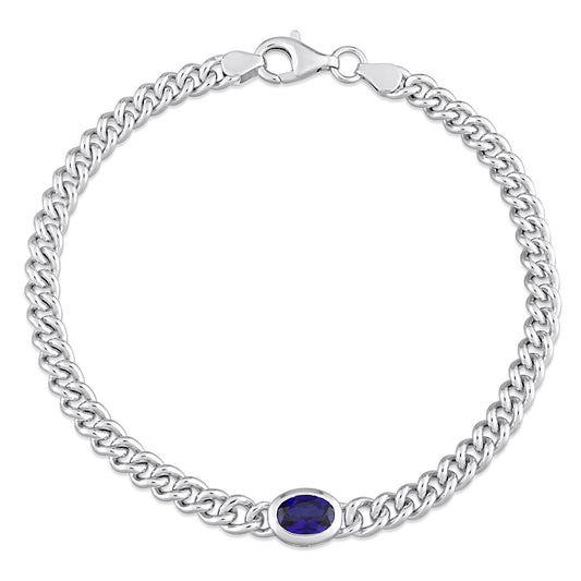 Created Blue Sapphire Solitaire Oval Curb Chain Bracelet