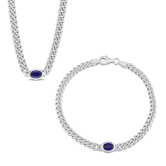 2-Piece Created Blue Sapphire Cuban Link Necklace and Bracelet